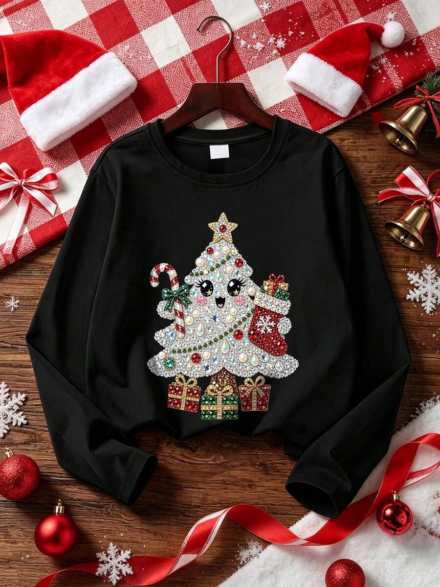 [Christmas]Big Girls Long Sleeve T-Shirt, Rhinestone Effect Cartoon Christmas Tree Print Top, Girls Casual Holiday Top, Suitable For Christmas And School Wear - Black - View 1