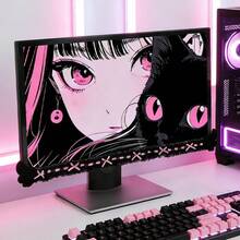 1pc Kawaii Goth Monitor Decoration, Cat Eye Frilly Lace Ribbon PC Screen Border Decor, Coquette Wing Computer Monitor Corner Accessory, Pink Desk Setup Room Decor Gift, Computer Screen Ear Decor - Multicolor - View 3