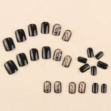 12pcs Random Short Square Mysterious Black Vine Rhinestone Press-On Nails, Suitable For Women And Girls, Includes Jelly Glue And Nail File - Black - View 5