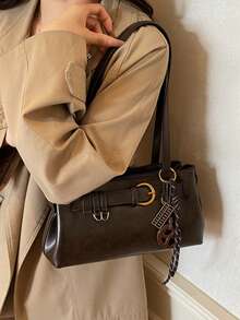 Women's Retro Decor Shoulder Bag Pu Leather Elegant Casual Tote Bag With Golden Buckle & Charm Suitable For Daily Used Dating Commuting - Coffee - View 6