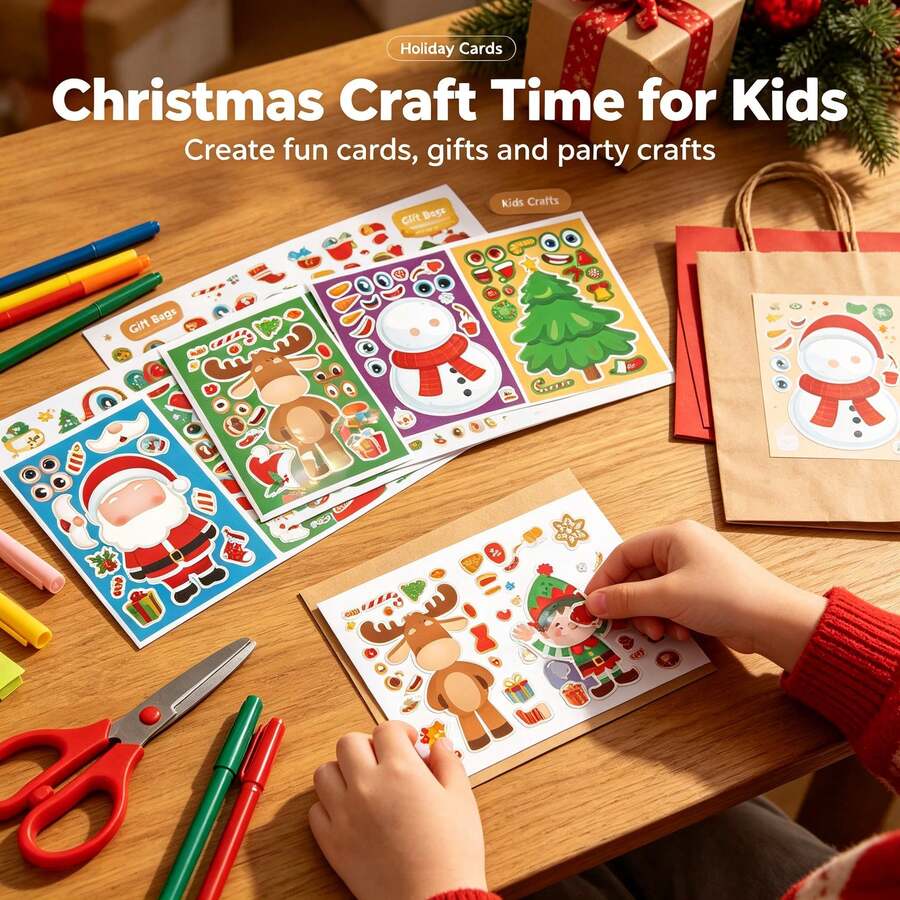 32/24/16/8pcs Christmas Make A Face Stickers, Mix And Match Christmas Character Stickers, Santa Snowman Xmas Tree DIY Sticker Sheets, Kids Art Craft Stickers For Christmas Party Favors - Multicolor - View 1