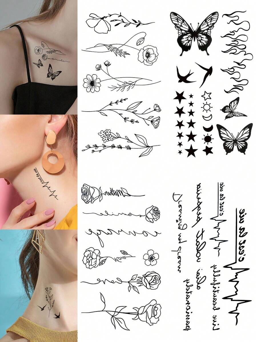 4PCS Black INS Style Floral Butterfly Star Pattern Party Gift DIY Holiday Gift Music Festival Temporary Waterproof Tattoo Stickers For Hands, Shoulders, Neck, Collarbone - Black - View 1