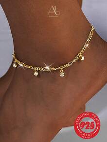 1pc Shiny S925 Sterling Silver Gold Plated Figaro Chain With 5 Bezel-Set White Zirconia Beads, Adjustable Extension Ankle Chain, Atmospheric Accessory For Women - Gold - View 8