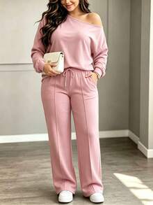 Autumn Fashion Women's 2 Pieces Set: Semi-Cold Shoulder Long Sleeve Solid Color Top With Cinched Waist Long Pants - Baby Pink - View 4