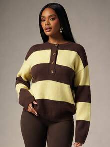 Plus Size Women's Vintage Contrast Color Striped Ribbed Knit Sweater, Half-Button Round Neck Drop Shoulder Long Sleeve Pullover, Elegant Fashion Holiday Party Outfit - Brown - View 6