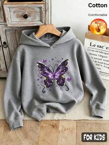 Autumn/Winter 3 Pieces Set Girls Hooded Fleece Sweatshirt Butterfly Print Heart Decor Long Sleeve Y2K Style - Heather Gray+Heather Gray+Heather Gray - View 3