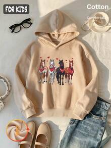 Autumn Winter Girls Fleece Hoodie With Four Horses Print Red Hearts Y2K - Apricot - View 3