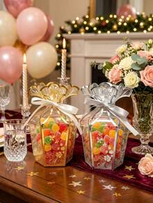 Transparent Gold Foil Floral Pattern Gift Box (Vase Shape), Party Gift Box, PVC Party Gift Box, Chocolate Packaging Box, Wedding Candy Box, Birthday Party Gift Box, Creative Handheld Gift Box; Suitable For Wedding, Christmas, New Year Party Gift Packaging; Decorated With Ribbon And Bead Accents; Suitable For Pre-Wedding Party And Various Celebration Events. - View 2