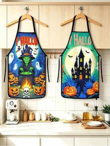1pc/2pcs/4pcs Happy Halloween Print Kitchen Apron, Pumpkin Ghost Witch Haunted House Pattern Cooking Baking Apron, Halloween Party Costume Decor Apron, Holiday Gift - Multicolor - View 5