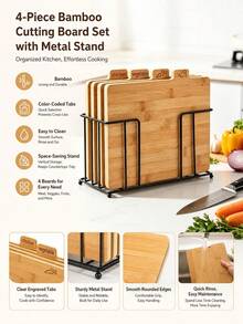 Bamboo Cutting Board Set With Metal Storage Rack, 4pcs Labeled Chopping Boards For Meat Fish Vegetable Chicken, Separated Food Prep Boards, Kitchen Counter Organizer,Easy To Clean,Kitchen Essentials,Kitchen Accesory - Bamboo and Wood Color - View 6