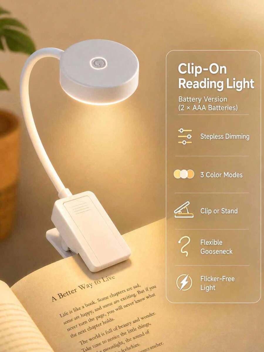 4pcs 4-LED Black/White Clip-On Book Light, Eye-Protection Reading Light, 3 Color Temperatures, Dimmable, Mini Portable Clip-On Reading Light (Battery Not Included)