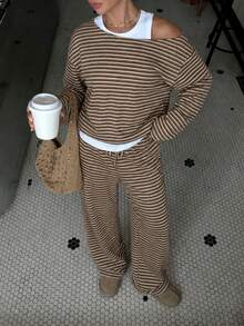 Women's Autumn/Winter Casual Commute Style Brown Striped Loose 2 Pieces Set, Outdoor, Sports, Back To School - Brown - View 8