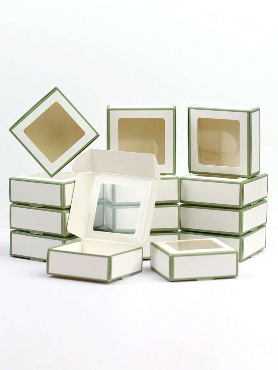 10/30/50pcs Small Gift Boxes With Green Border And Transparent Window, Candy Packaging Box, Soap Holder, Mini Snack Packaging, Handmade Candle, Soap, Jewelry Display, Suitable For Wedding Gifts, Holiday Party Gifts - Green Edge - View 1