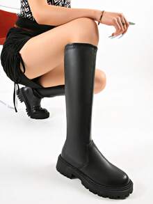 Women's V-Cut Chunky Heel Thick Sole Elastic Mid-Calf Boots - Black - View 5