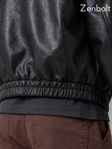 ZenBolt Men's Winter American Vintage PU Leather Motorcycle Jacket, Lapel, Zipper And Graphic Design, Fashion Loose Street Style Outerwear - Black - View 5