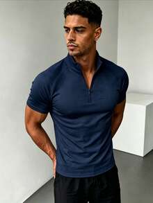 ZYNTH BALENO Men's Summer Fashion Raglan Sleeve Zipper Collar Short Sleeve T-Shirt, Suitable For Gym, Cycling, Running - Navy Blue - View 5