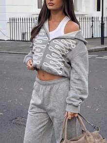 Women's Fashion Grey Knit Zip-Up Long Sleeve Hoodie - Grey - View 3