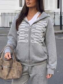 Women's Fashion Grey Knit Zip-Up Long Sleeve Hoodie - Grey - View 5