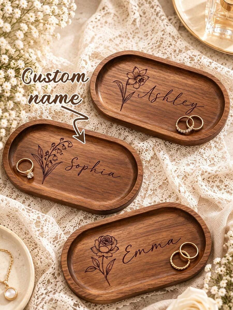 Personalized Walnut Wood Ring Tray, Laser Engraved Name, Custom Wooden Ring Dish, Jewelry Tray, Valentine's Day Gift For Her, Engagement Ring Holder - Multicolor - View 1