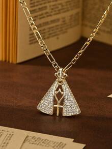 1PC European & American Classic Fashion Religious Element Layering Necklace, 14k Gold Plated Copper Vintage Gold Single-Sided Inlaid Zirconia Cape Style 3D Our Lady Of Aparecida & Hollow Cross Guardian Light Limited Edition Necklace, With 60cm Figaro Chain, Suitable For Christmas/Thanksgiving/Halloween/Mother's Day/Valentine's Day Couples/Friends/Fellow Believers Gifts, Catholic First Communion, Gift, Daily & Holiday Wear Prayer - Yellow Gold - View 2