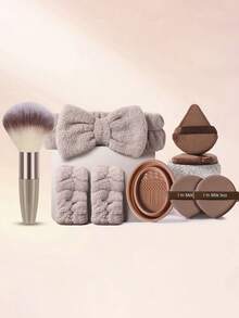 9Pcs/1pc Coffee Brown Makeup Tool Set Makeup Brushes Wrist Headband Triangle Puff Air Cushion Puff Makeup Cleaning Brush For Foundation Blush Contour Eyeshadow Blending Dry Wet Use - Coffee Brown - View 10