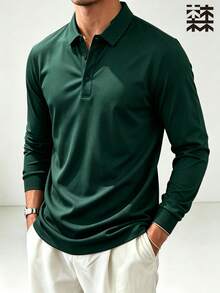 mulinsen Men's Long Sleeve Turned-Down Collar Polo Shirt Solid Slim Fit Simple Business Casual Top Knit Fabric Commute Versatile Easy To Care For - Green - View 3