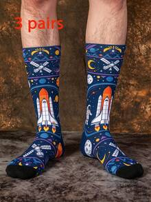 1/3 Pairs Creative Colorful Fun Space Jacquard Mid-Calf Socks, Street Style Astronaut Print Halloween Socks - Multicolor - View 8