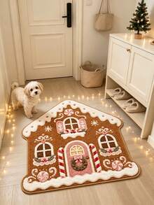 1pc Gingerbread House Shaped Christmas Holiday Decorative Floor Mat, Warm And Soft Decorative Floor Mat, Perfect For Daily Home And Holiday Decoration, Decorative Rug, Bedroom Decor, Small Rug, Carpet, Home Decor, Living Room Rug, Living Room Small Rug, Bedroom Rug, Living Room Home Decor, Outdoor Rug, Washable Rug - Multicolor - View 5