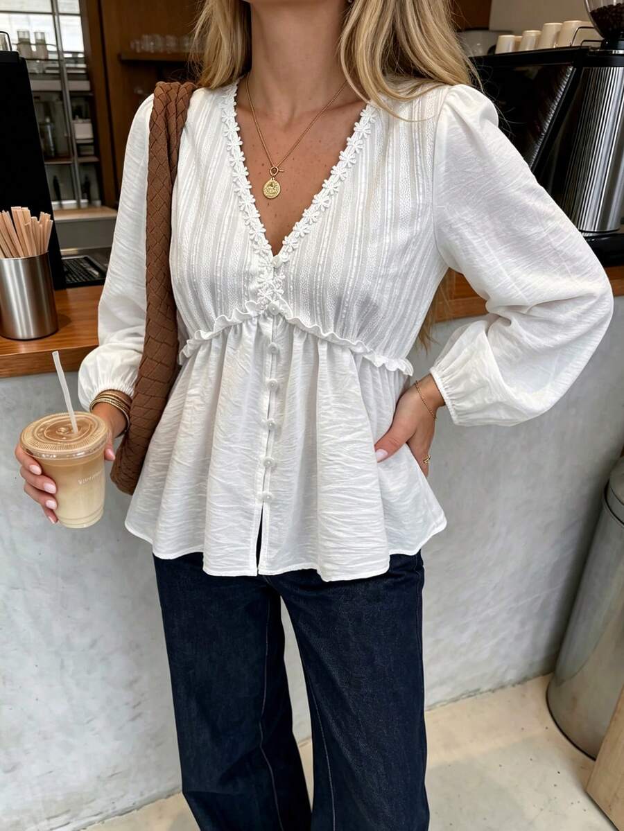 Rusttydustty Women's White Lace Trim V-Neck Lantern Long Sleeve Blouse, Ruffle Waist Design, Suitable For Autumn Daily Commute, Bohemian Style - White - View 1
