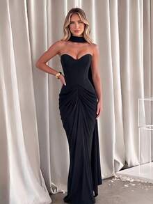 Women's Strapless Heart Neckline Ruched Cowl Neck Ribbon Long Party Dress - Black - View 1