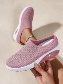 Women's Summer Mesh Slip-On Mule Slippers, Air Cushion Rocker Sole, Breathable Thick Platform Height-Increasing Fashion Casual Slides - Pink - View 2