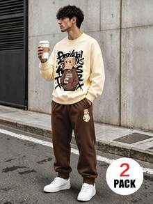 2pcs Set Suitable For Teenage Boys, Crew Neck Sweatshirt And Elastic Waist Pants Set, Printed With Cardboard Head XX Eyes "GOOD PERSON" Graffiti Style Cartoon Character Print Crew Neck Sweatshirt + Cuffed Sweatpants Set, Suitable For Autumn/Winter Daily Wear - Multicolor - View 1