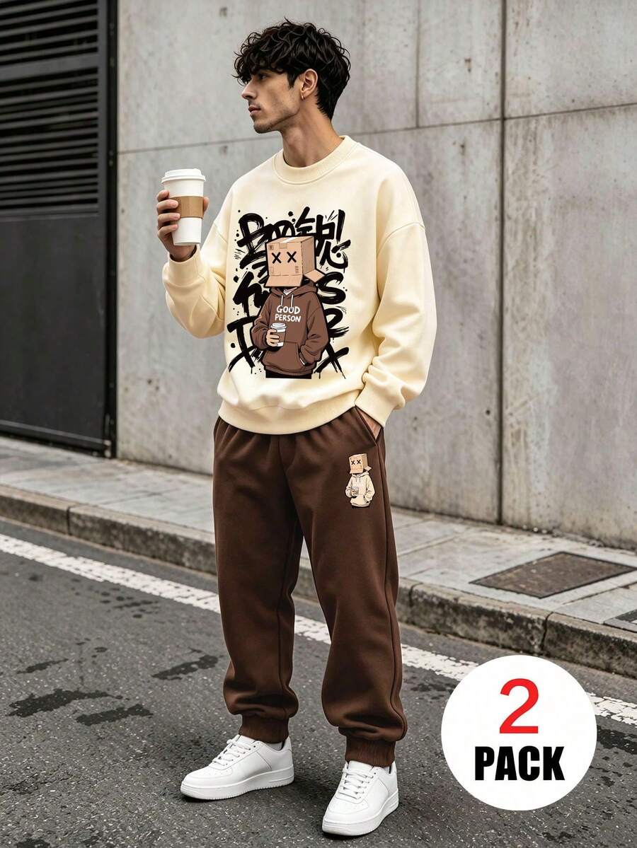 2pcs Set Suitable For Teenage Boys, Crew Neck Sweatshirt And Elastic Waist Pants Set, Printed With Cardboard Head XX Eyes "GOOD PERSON" Graffiti Style Cartoon Character Print Crew Neck Sweatshirt + Cuffed Sweatpants Set, Suitable For Autumn/Winter Daily Wear - Multicolor - View 1