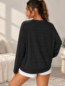 AODSR Women's Black Textured Knit Crew Neck Long Sleeve Slim Fit Athletic Top With Shoulder Stripe Detail For Casual Wear - Black - View 7