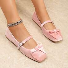 Women's Velvet Mary Jane Flat Shoes With Square Toe, Buckle Strap, Comfortable Plus Size Elegant Flat Shoes For Spring And Autumn - Pink - View 1