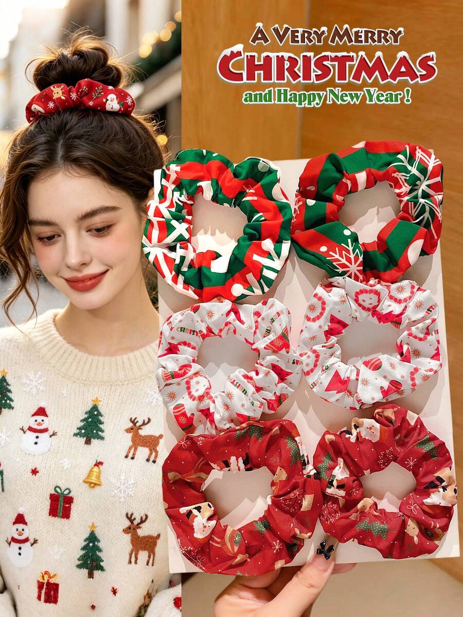 6pcs Cute Girl's Christmas Print Hair Scrunchies, Decorated With Santa Claus And Christmas Tree Holiday Patterns, Sweet Party Hair Accessories, Suitable For Dressing Up - Mixed color - View 1