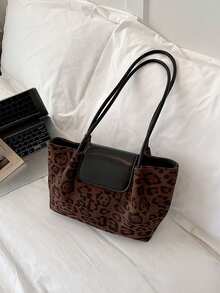 Women's Vintage Leopard Print One Shoulder Tote Bag, Retro Colorblock Faux Leather Flap Bohemian Style Handbag, Soft Lightweight Fabric Underarm Bag - Multicolor - View 6