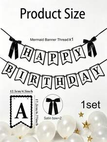1 Set Banner Bunting Selamat Ulang Tahun Hitam Putih dengan Pita Satin Hitam, Garland Bendera Huruf Sederhana untuk Latar Belakang Foto Pesta Ulang Tahun - Hitam dan putih - View 3