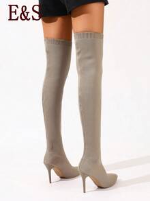 Women's Fall Winter Pointed Toe Stiletto Over-The-Knee Knit Sock Boots, High Stretch Slip-On Thigh High Boots For Daily Party Night Out Halloween - Beige - View 6