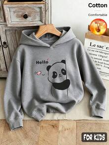 Autumn/Winter 3 Pieces Set Girls' Hooded Fleece Sweatshirt Grey Long Sleeve Cartoon Panda Print Sweet Text Y2K Style - Heather Gray+Heather Gray+Heather Gray - View 4