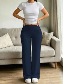 Women's Spring/Summer High Waist Flare Yoga Pants, Casual Soft Elastic Wide Leg Sports Pants, Suitable For Gym Workout And Streetwear - Navy Blue - View 7