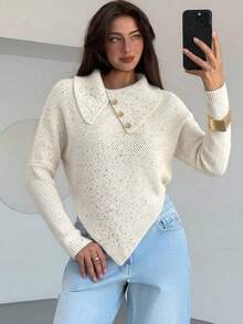女款休閒日常通勤優雅溫柔極簡風不對稱金屬鈕扣蝙蝠袖不對稱下擺百搭造型針織衫，秋冬款 - 彩色 - 查看 2