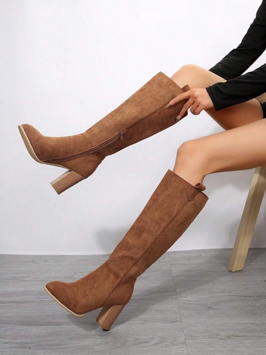 2024 Autumn/Winter New Plus Size Women's Suede Chunky Heel Pointed Toe Side Zipper Solid Color High Heel Riding Boots