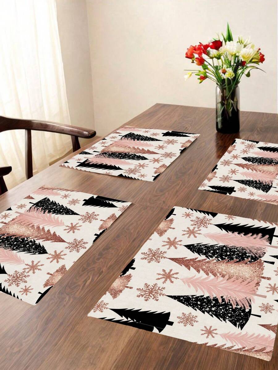 2/4/6 Pcs Christmas Deer Snowman Christmas Tree Print Table Placemat Watercolor Cartoon Style Polyester Rectangle Heat Resistant Dining Table Mat For Christmas Winter Party Home Decor - Pink - View 1