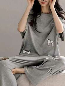 2pcs/Set Women's Pajamas Loungewear Set, Cute Puppy Pattern Simple Pullover Round Neck Short Sleeve Long Pants, Easy Care Fabric - Grey - View 4