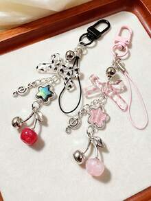 1pc Polka Dot Bow Cherry Keychain Phone Chain Bag Pendant Anti-Lost Decorative Accessory - Multicolor - View 2