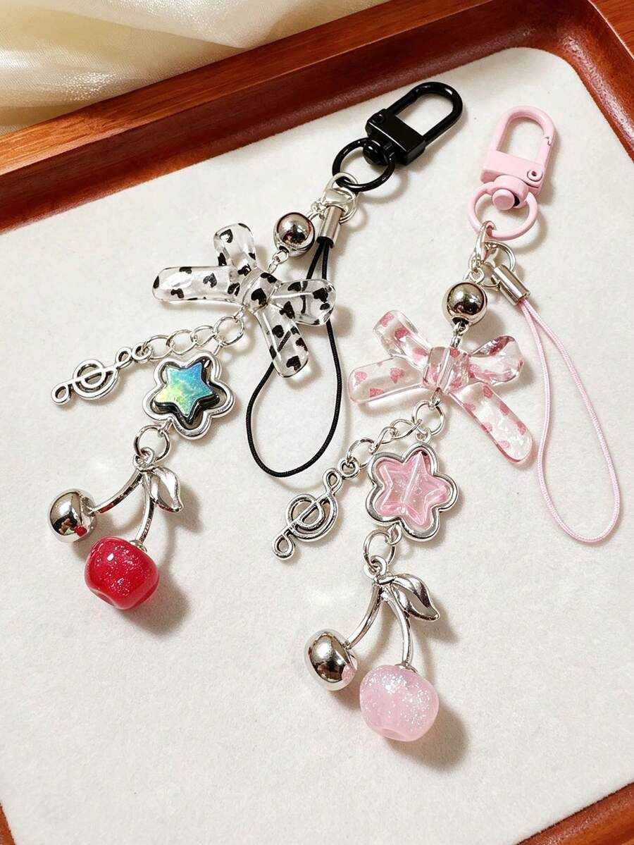 1pc Polka Dot Bow Cherry Keychain Phone Chain Bag Pendant Anti-Lost Decorative Accessory - Multicolor - View 1