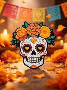 Day Of The Dead Floral Crown Sugar Skull Brooch, Black-Edged Colorful Pattern Skull With Orange-Yellow Marigold Flower Wreath Design, Dark Holiday Style Decoration Accessory For Coat, Sweater, Backpack, Hat - A - View 4