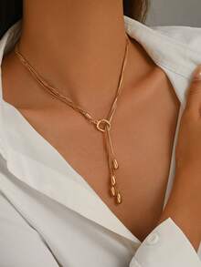 1pc Personalized Hip-Hop Creative Metal Glossy Water Drop Pendant Hollow Round Ring Y-Shaped Necklace Suitable For Women's Daily, Vacation, Party Wear - Gold - View 3