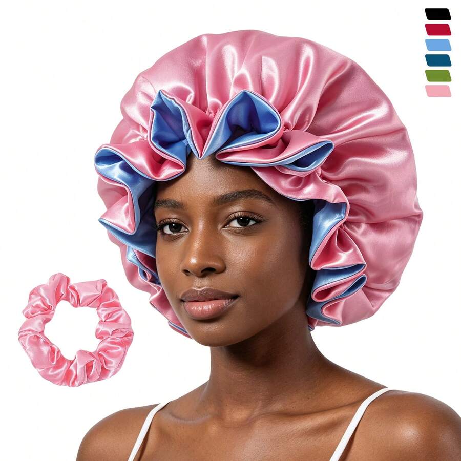 Double Layer Satin Sleep Cap, Women's Large Hair Protection Bonnet, Soft Silky Head Wrap With Matching Hair Tie, Multiple Colors Available - 12941-12946 - View 1